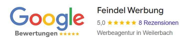 Google Bewertungsbereich, der eine 5-Sternebewertung und weitere Informationen zu einem lokalen Unternehmen wie Feindel Werbung anzeigt.