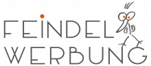 Logo mit dem Text FEINDEL WERBUNG und einer stilisierten, maskottchenartigen Figur