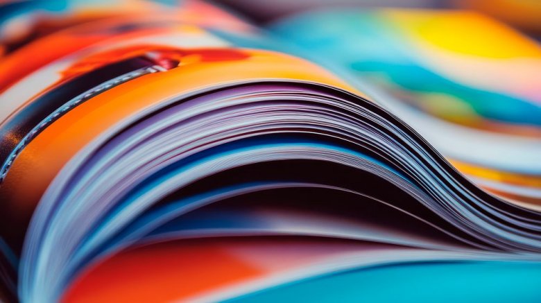 Ein gebundenes Buch, dessen Seiten leicht aufgeblättert sind und farbenfrohe, verschwommene Hintergründe zeigen.