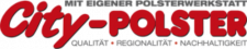 Firmenlogo von City-Polster mit rotem Schriftzug und darunterstehenden Slogans.