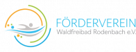 Logo eines Vereins mit einem stilisierten Menschen, der im Wasser schwimmt, und dem Text FÖRDERVEREIN Waldfreibad Rodenbach e.V.