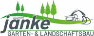 Logo für Janke Gartena- & Landschaftsbau mit stilisierten Bäumen, einer grünen Welle und Gartenwerkzeugen