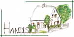 Bleistiftzeichnung eines Hauses, flankiert von Bäumen und dem Wort HANDLS.