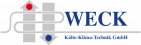 Ein Firmenlogo, das stilisierte Rohre, Pfeile und den Schriftzug WECK für Kälte-Klima-Technik GmbH zeigt.