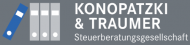 Firmenlogo von Konopatzki & Traumer, einer Steuerberatungsgesellschaft, mit stilisierten blauen und grauen Rechtecken.