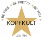 Ein großes gelbbraunes Sternsymbol mit dem Text KOPFKULT, umgeben von kleineren Sternen.