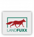 Logo eines roten Hundes, der über einen grünen Hintergrundspringt, mit dem Text LANDFUXX darunter.