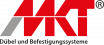 Das Logo der Marke MKT mit stilisierten roten Buchstaben und dem Slogan Dübel und Befestigungssysteme.