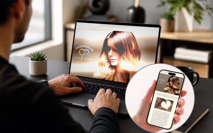 Eine Person arbeitet an einem Laptop, auf dem ein Webdesign für einen Friseursalon dargestellt ist. Neben dem Laptop ist die Darstellung auf einem Smartphone